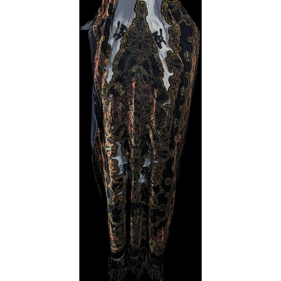 Vintage Gothic Floral Burnout Red And Gold Scarf With Glitter Accents - Picture 3 of 6